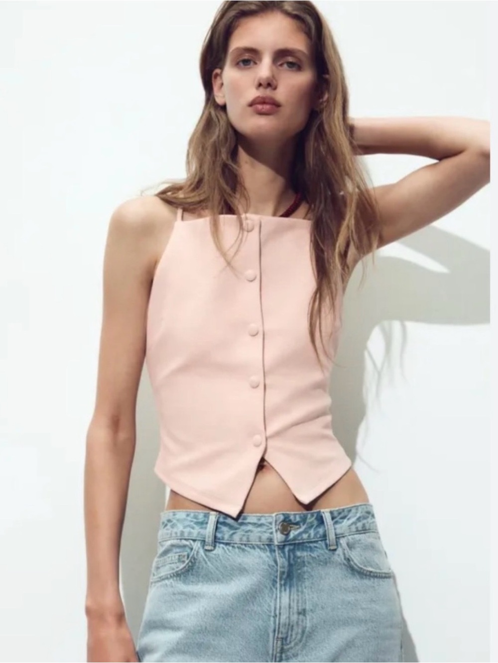 Zara NWT Button Up Spaghetti Straps Cutaway Baby Pink Vest Top M